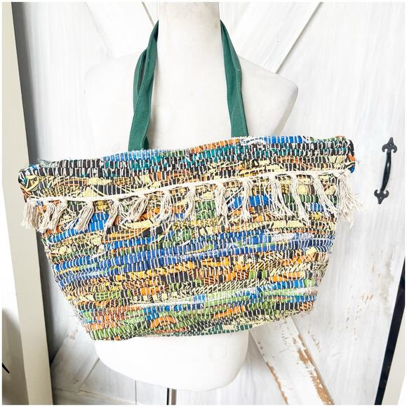 Anthropologie Handbags - Anthropologie Raj Multicolor Canvas Beach Tote Fringe Tassel NWT